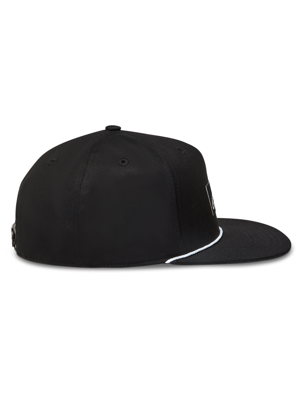 Alpinestars Label Snapback Chapéu, boné preto com aba plana, coroa estruturada e cordão branco, perfil lateral.