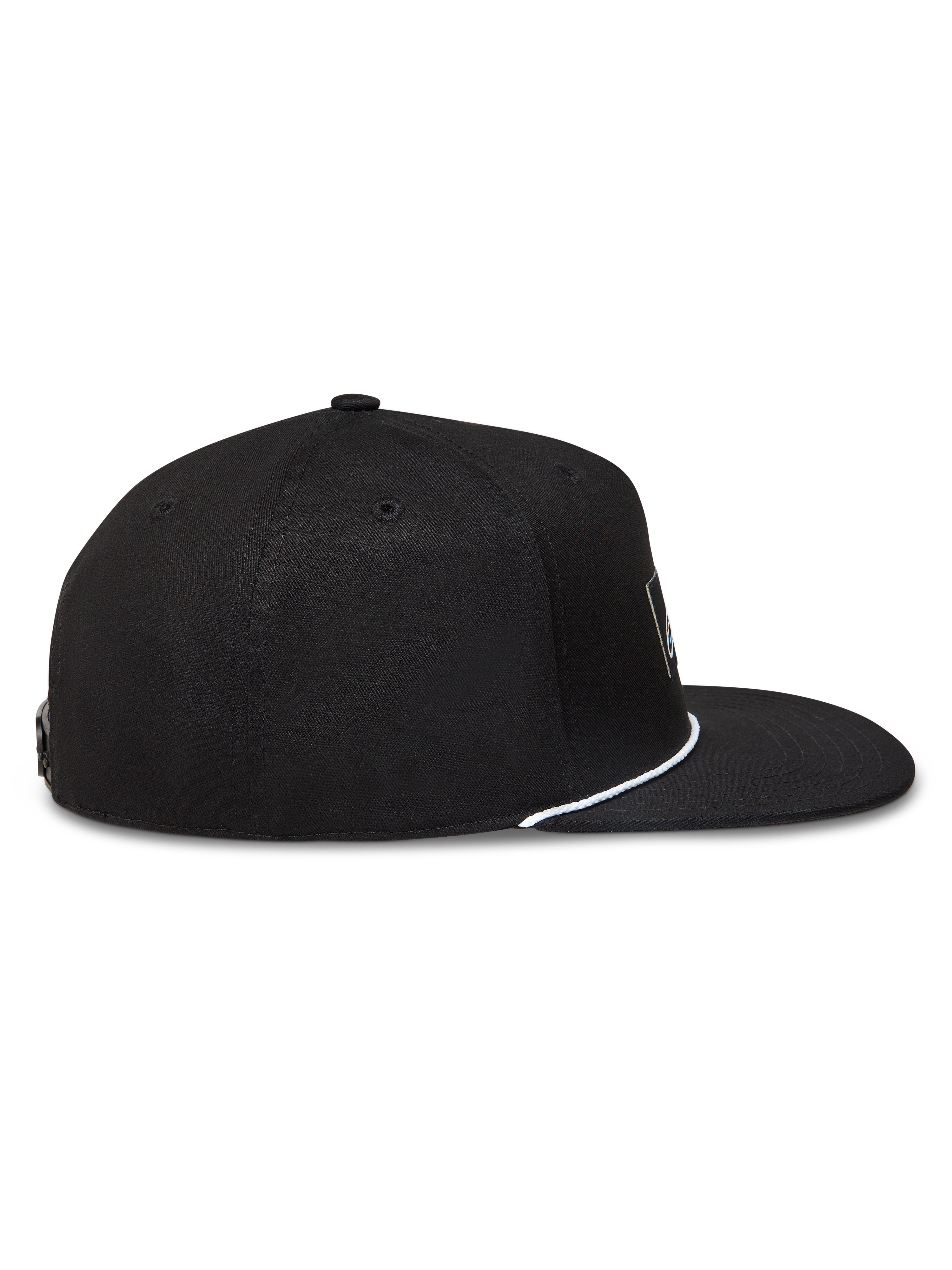 Alpinestars Label Snapback Chapéu, boné preto com aba plana, coroa estruturada e cordão branco, perfil lateral.