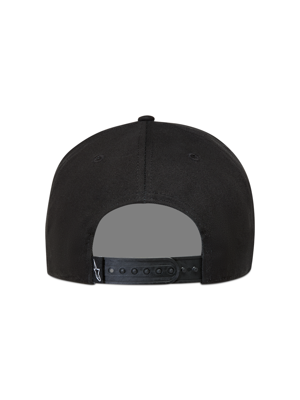 Alpinestars Label Snapback, boné de sportswear preto, vista traseira com fecho snapback ajustável e etiqueta branca Astars.