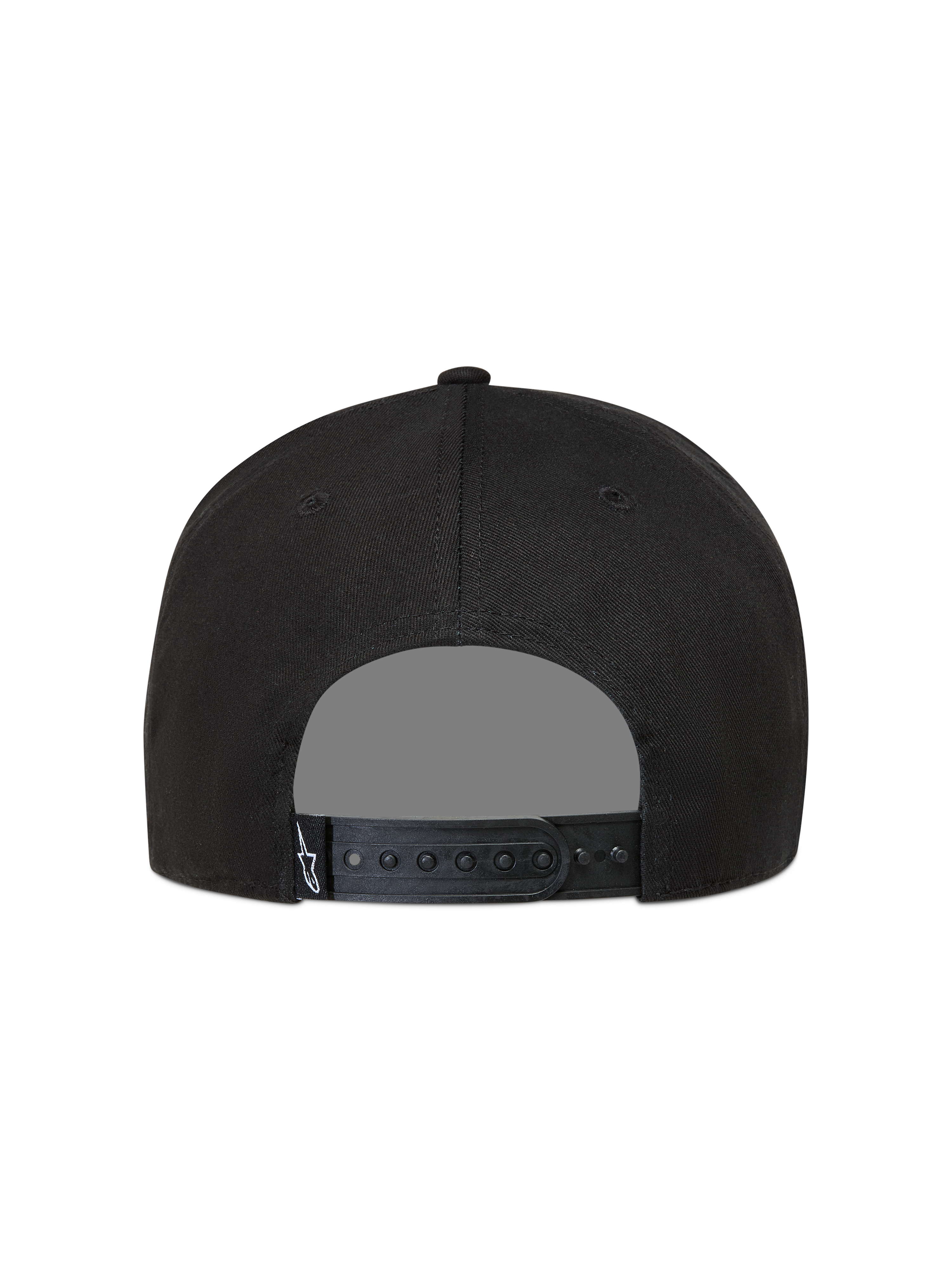 Alpinestars Label Snapback, boné de sportswear preto, vista traseira com fecho snapback ajustável e etiqueta branca Astars.