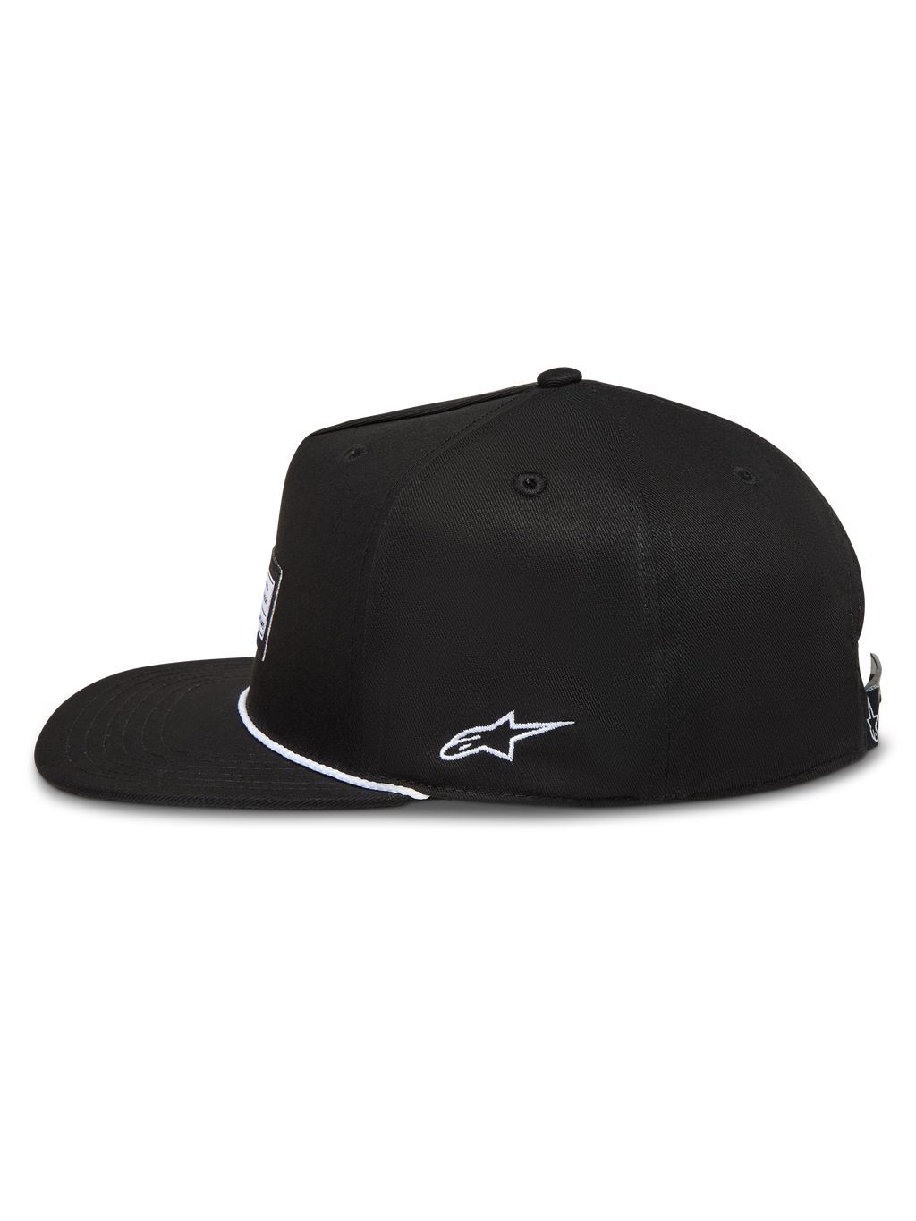 Alpinestars Label Snapback Chapéu, boné de aba plana preto em sarja com bordado lateral branco e etiqueta frontal.