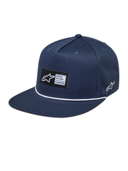 Alpinestars Label Snapback chapéu, boné azul marinho com aba plana, detalhe de corda branca e logótipo Astars tecido.
