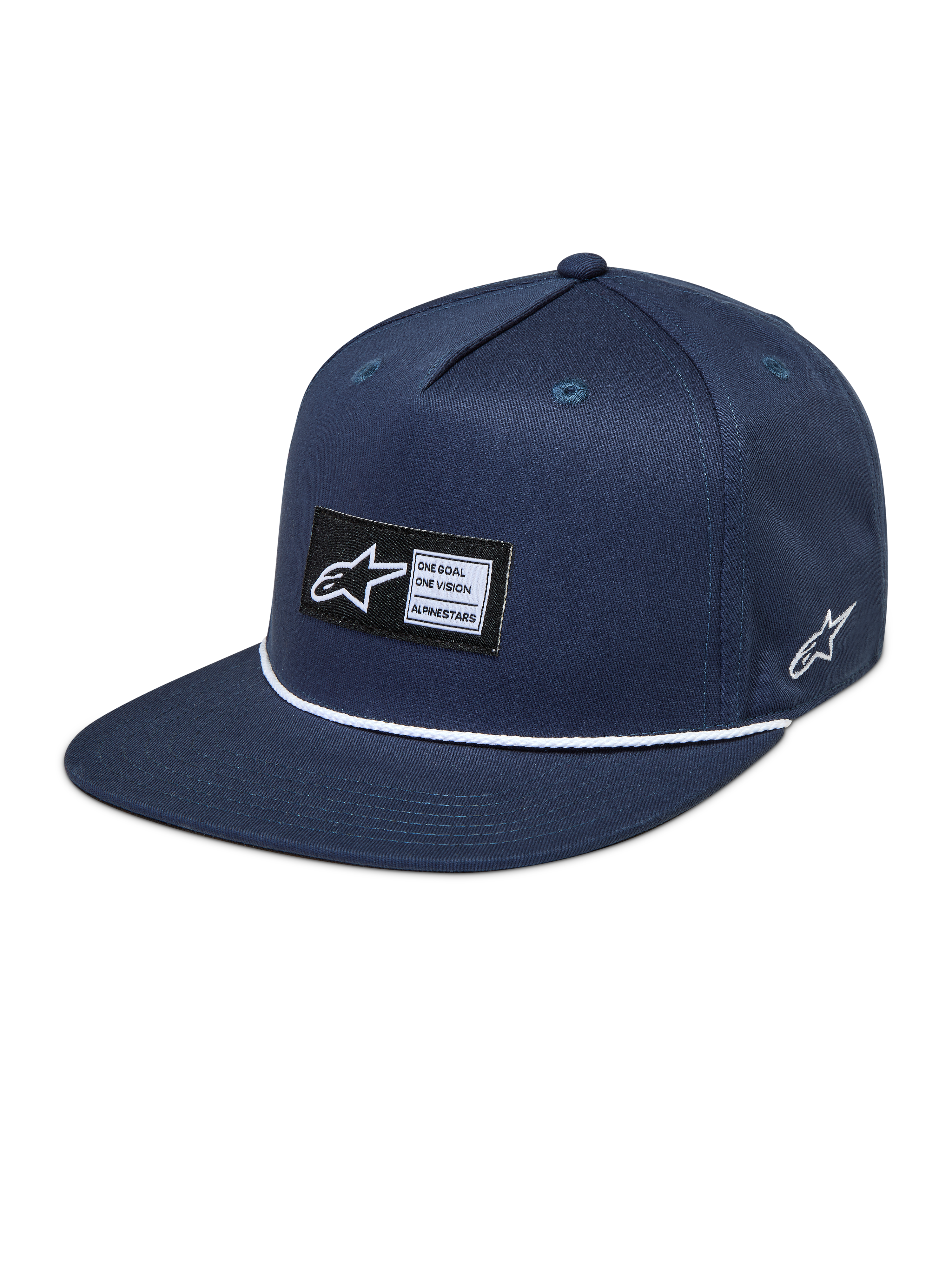 Alpinestars Label Snapback Hat, Navy Blue sportswear cap with a flat bill, woven logo patch, and white rope detail.