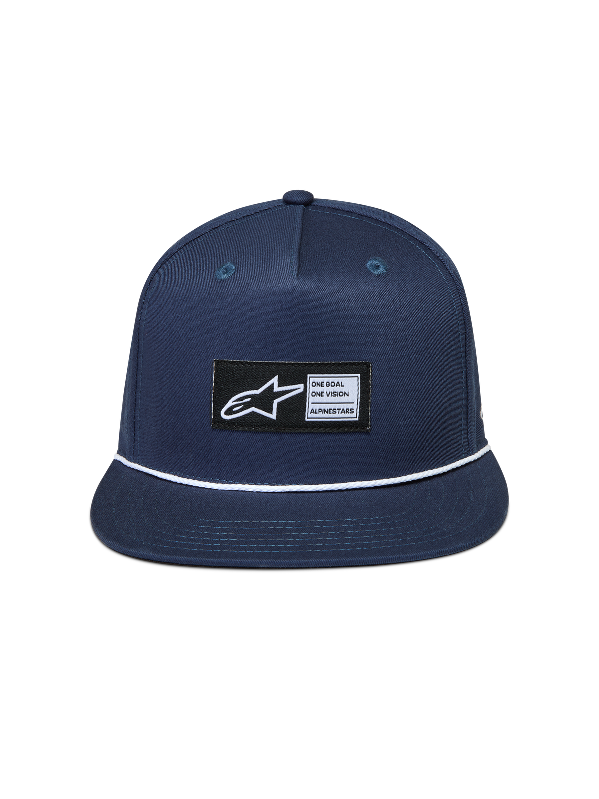 Alpinestars Label Snapback Chapéu, boné de sarja azul-marinho com aba plana, detalhe de corda branca e etiqueta tecida.