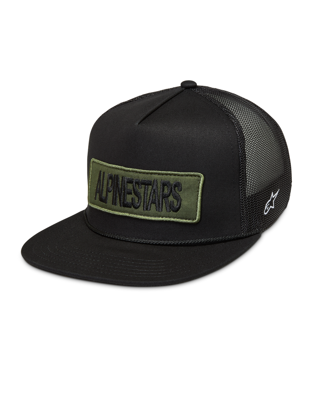 Alpinestars Ten Boné Trucker, boné preto com patch bordado em verde, logótipo lateral branco e rede traseira.