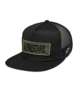 Alpinestars Ten Trucker Hat in black with an olive green embroidered logo patch and breathable mesh back.