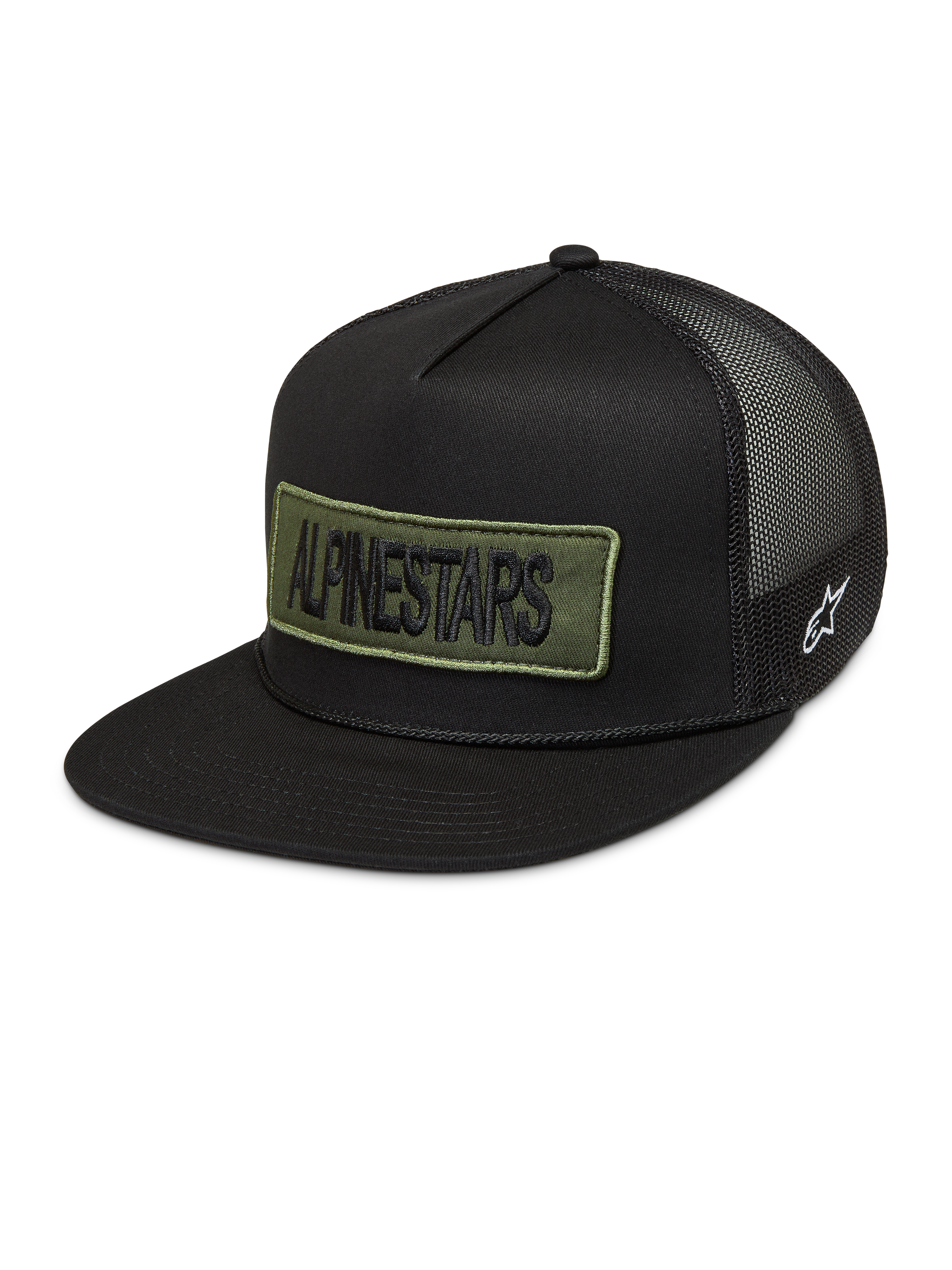 Alpinestars Ten Boné Trucker, boné preto com patch bordado em verde, logótipo lateral branco e rede traseira.