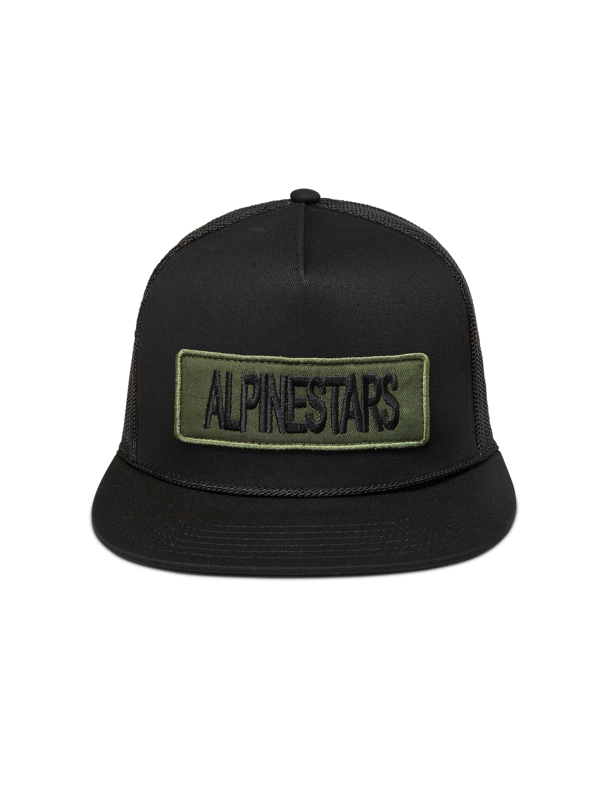 Alpinestars Ten boné trucker, preto de aba plana com rede e patch bordado verde, sportswear casual.