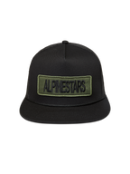 Alpinestars Ten boné trucker, preto de aba plana com rede e patch bordado verde, sportswear casual.
