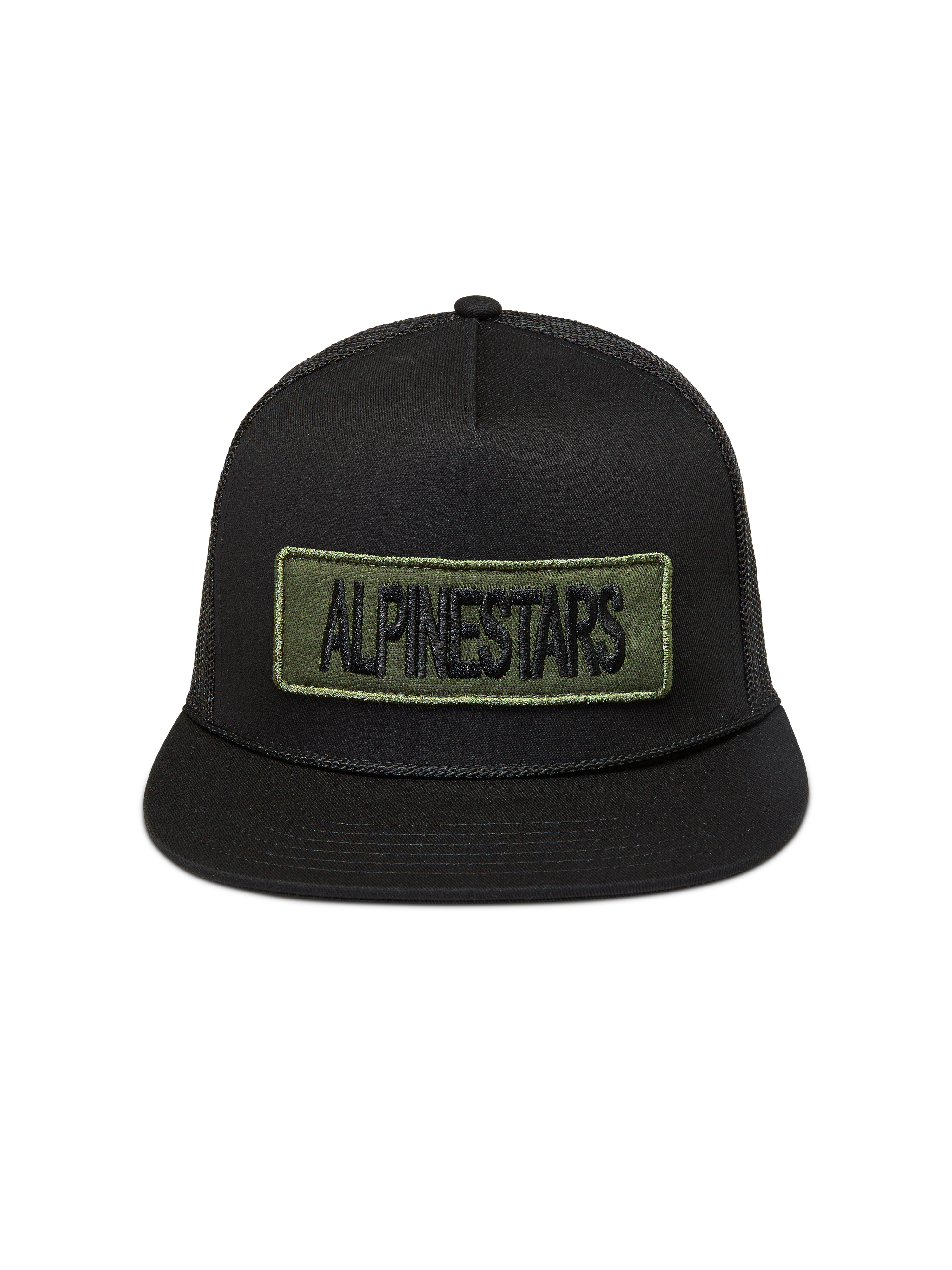 Alpinestars Ten boné trucker, preto de aba plana com rede e patch bordado verde, sportswear casual.