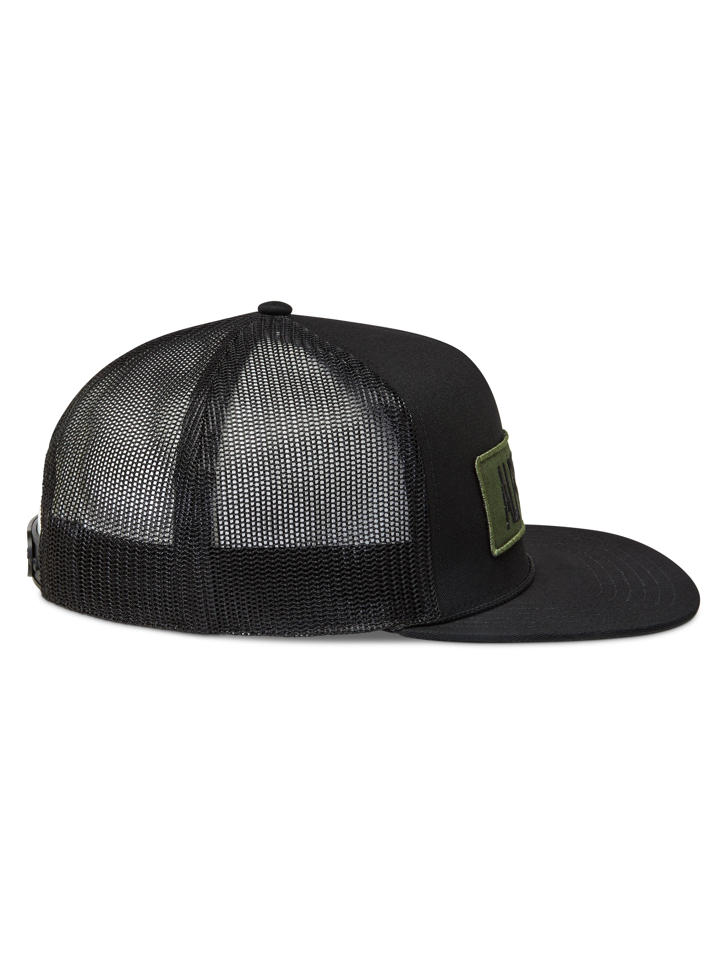 Alpinestars Ten boné trucker, boné preto com malha respirável na parte traseira, aba plana e patch de logótipo verde.
