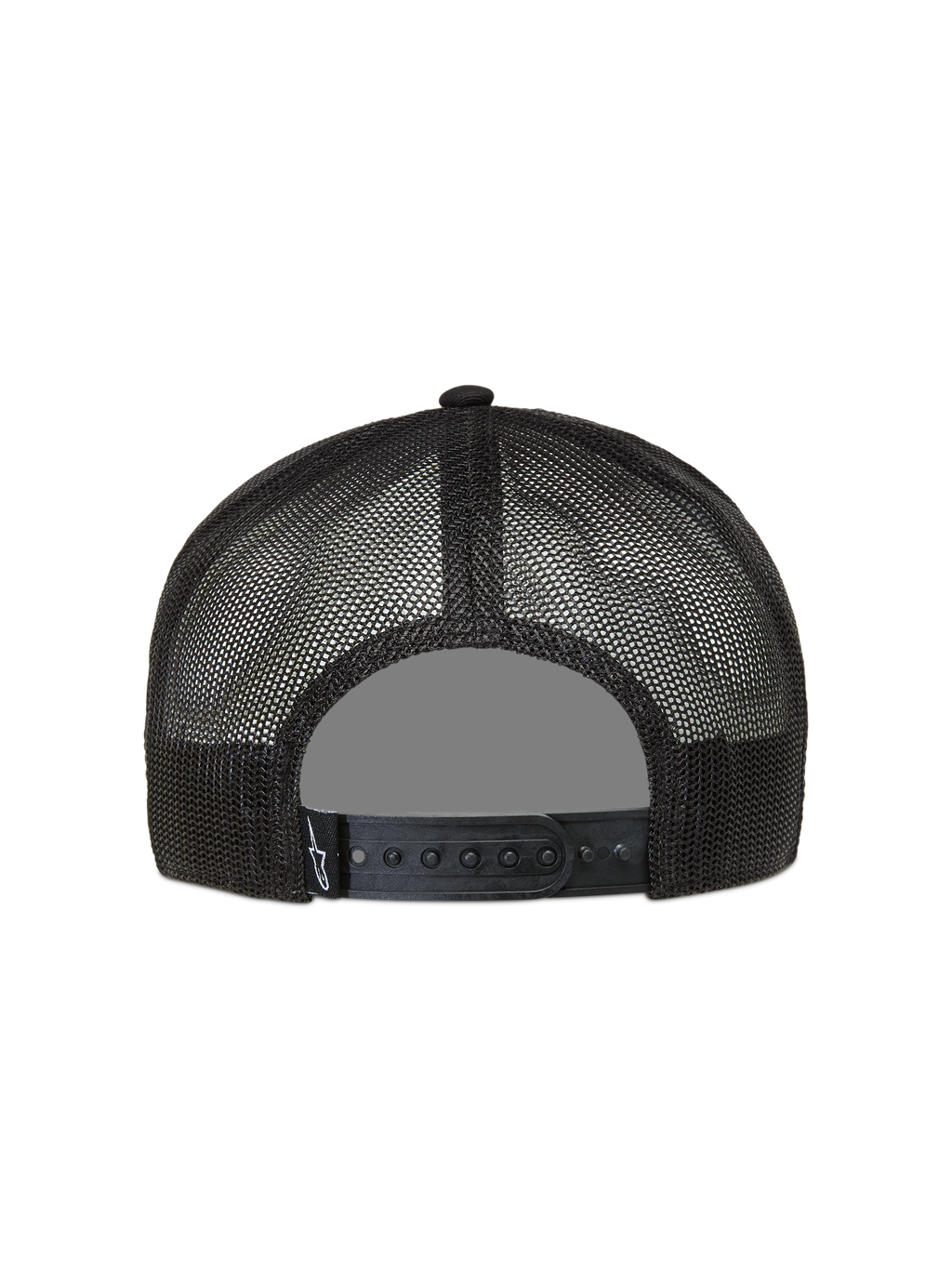 Alpinestars Ten Boné Trucker, boné desportivo preto, vista traseira com malha respirável e fecho snapback ajustável.