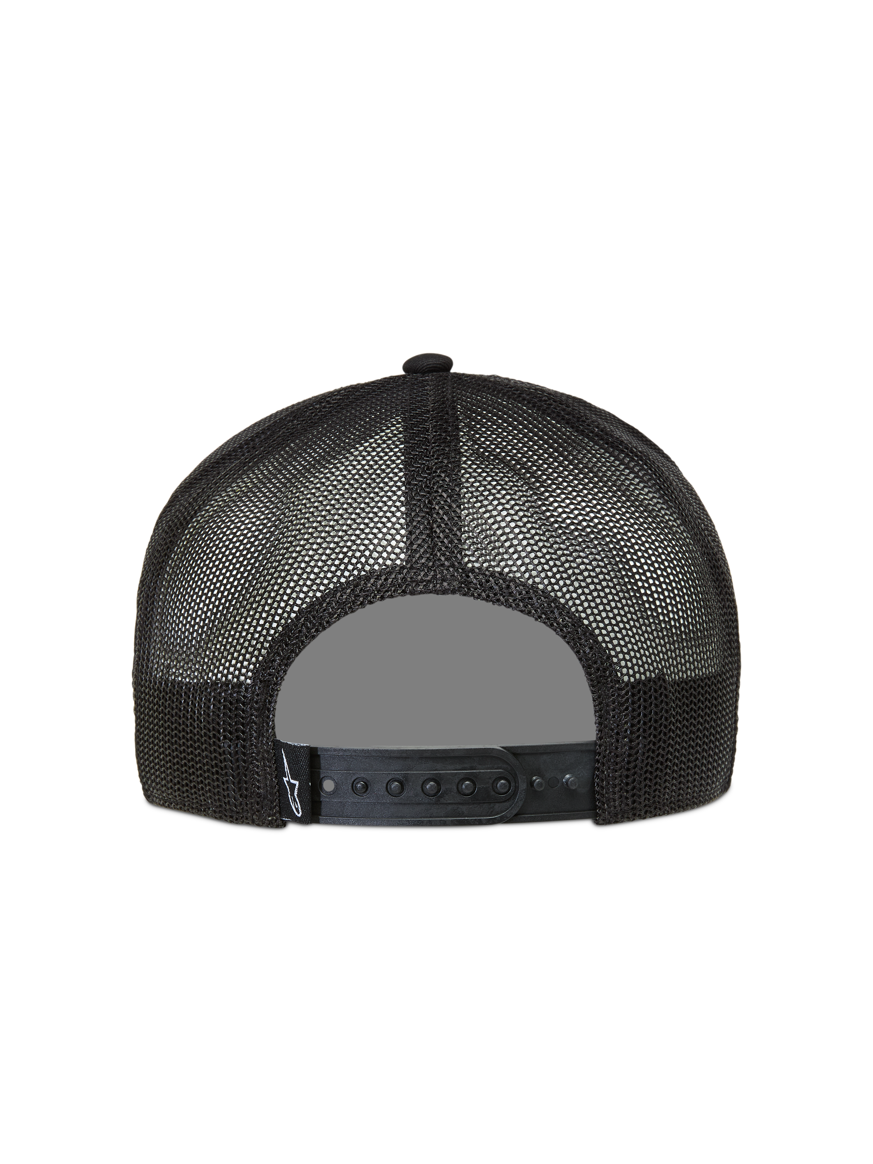 Alpinestars Ten Boné Trucker, boné desportivo preto, vista traseira com malha respirável e fecho snapback ajustável.