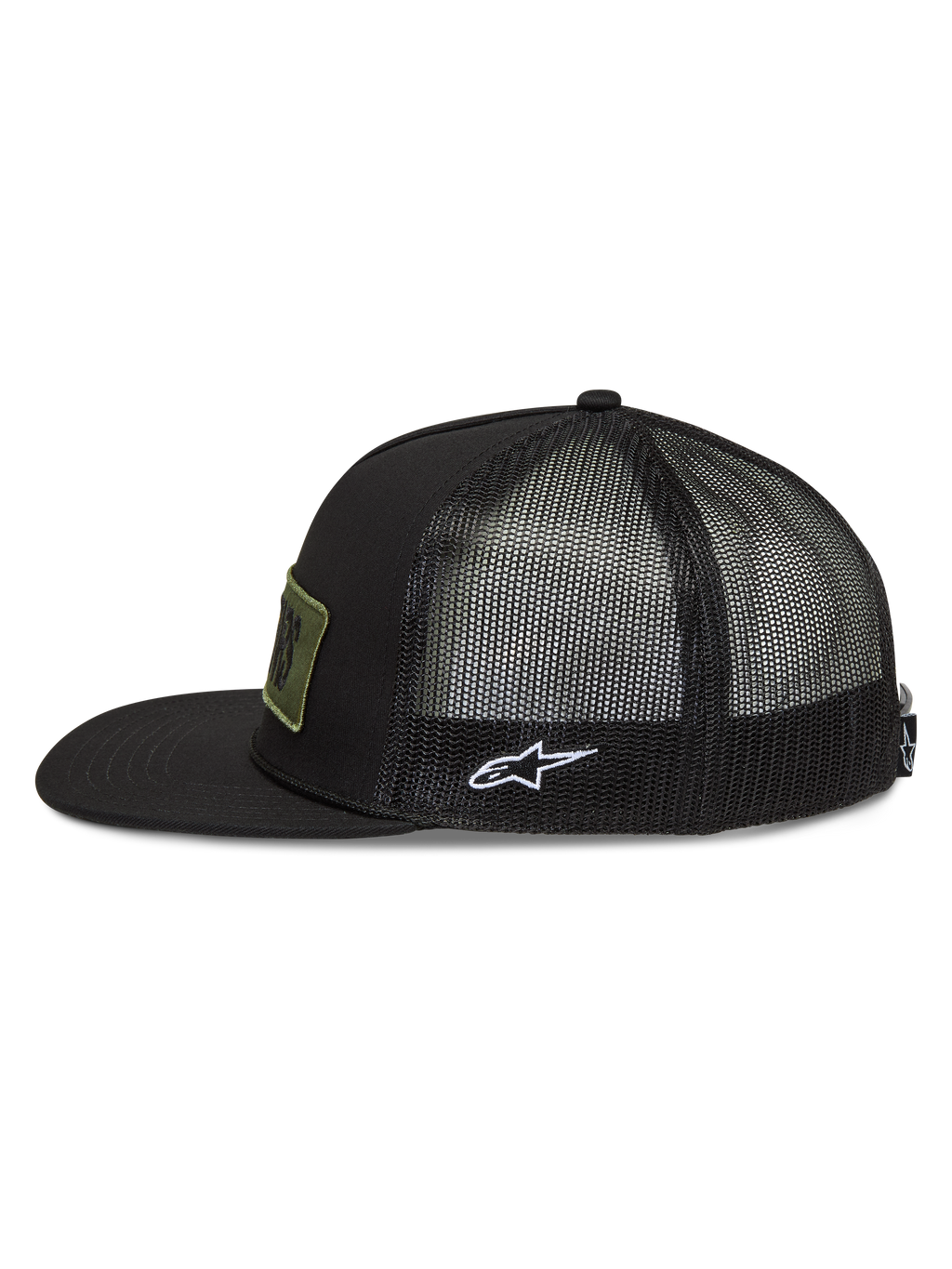 Alpinestars Ten Boné trucker, boné de sportswear preto com aba plana, traseira em malha e logótipo Astars branco bordado na lateral.