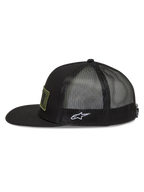 Alpinestars Ten Boné trucker, boné de sportswear preto com aba plana, traseira em malha e logótipo Astars branco bordado na lateral.