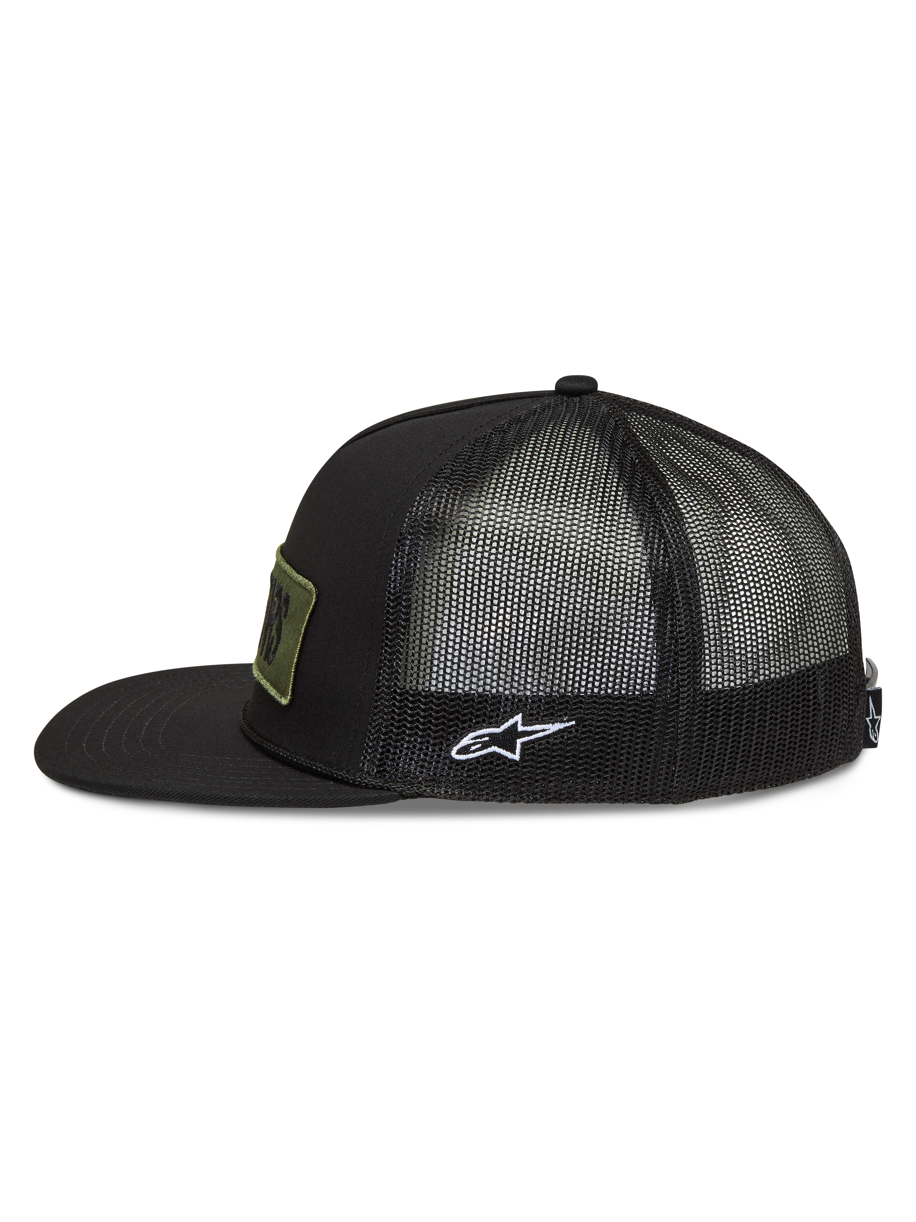 Alpinestars Ten Boné trucker, boné de sportswear preto com aba plana, traseira em malha e logótipo Astars branco bordado na lateral.
