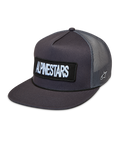Alpinestars Ten Trucker Hat in dark grey, featuring a flat bill, front embroidered logo patch, and breathable mesh back panels.