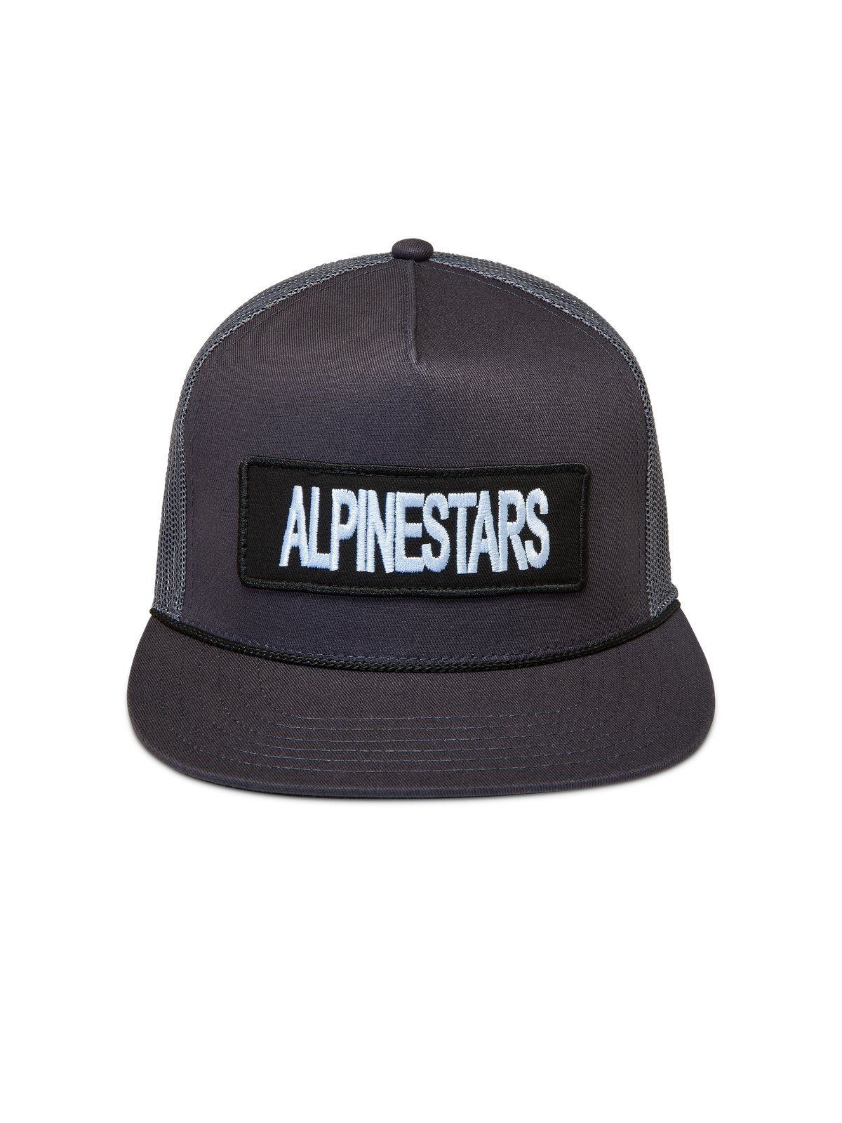 Alpinestars Ten boné trucker cinzento escuro, coroa estruturada, aba plana e patch com logótipo bordado.