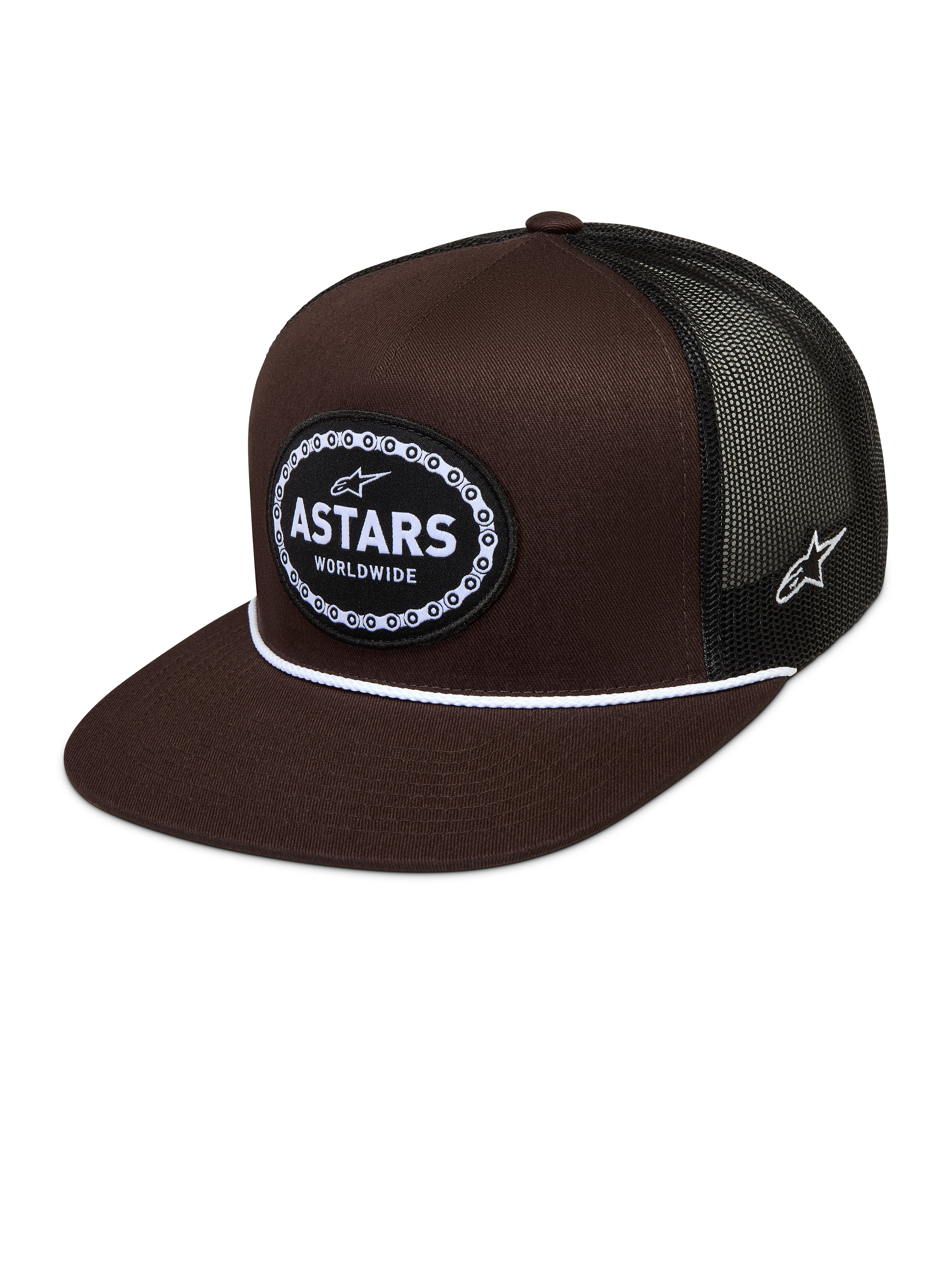 Alpinestars Hotlink Boné trucker, castanho e preto com malha traseira, aba plana e patch tecido com logótipo Astars.