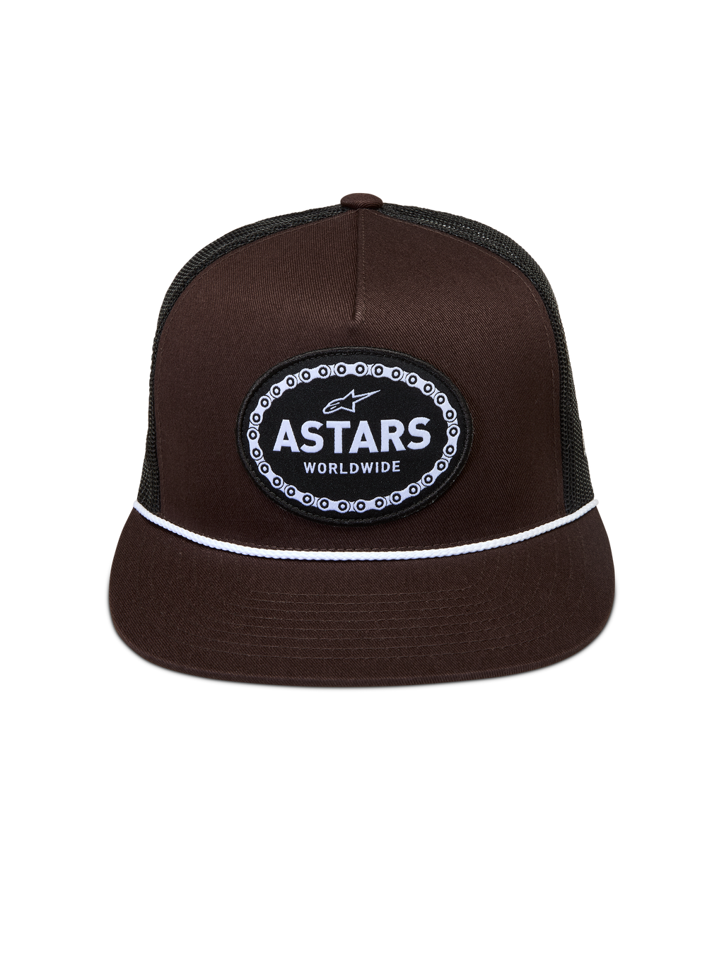 Alpinestars Hotlink Boné trucker, castanho e preto, aba plana, corda branca e patch com logótipo Astars.