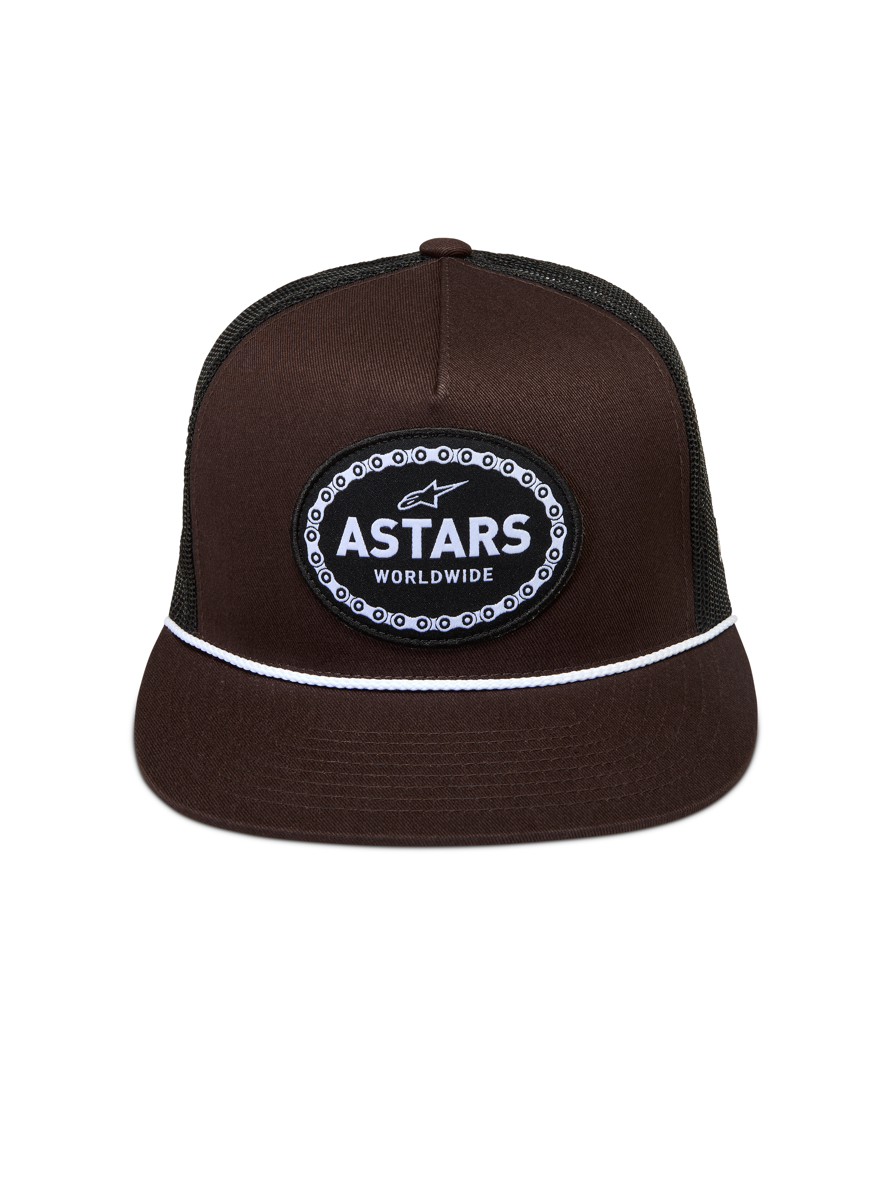 Alpinestars Hotlink Boné trucker, castanho e preto, aba plana, corda branca e patch com logótipo Astars.