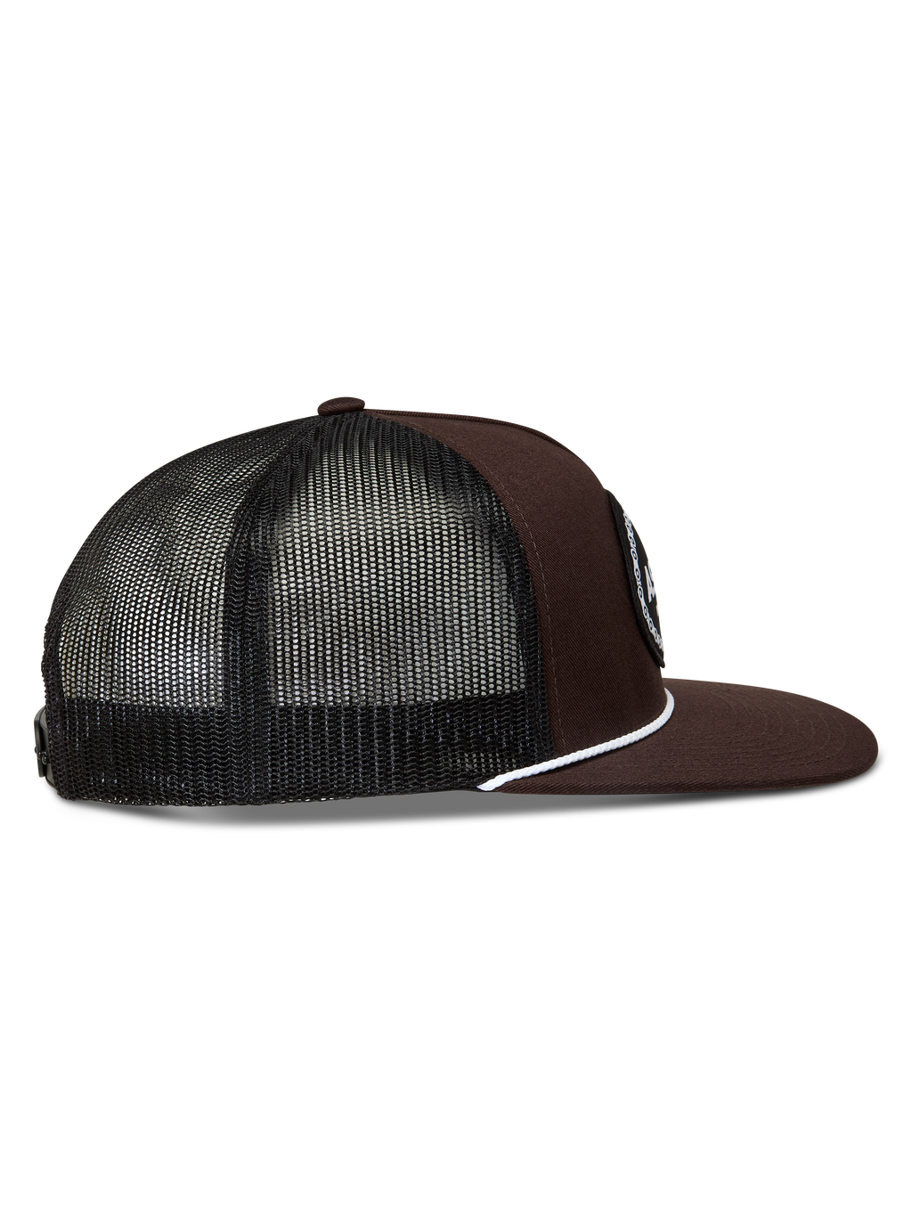 Alpinestars Hotlink boné trucker castanho e preto, aba plana, costas em rede e detalhe de cordão branco, sportswear.