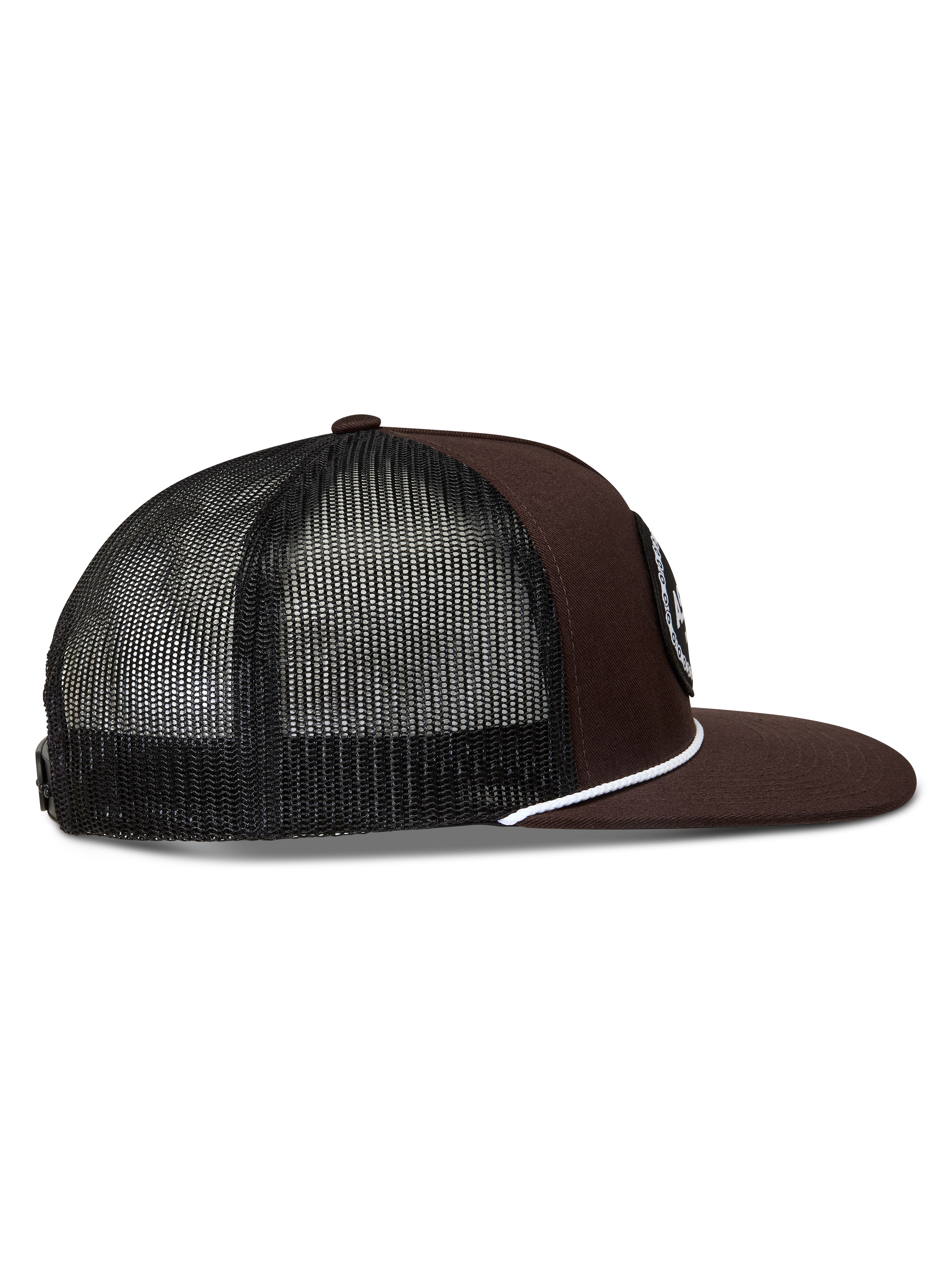 Alpinestars Hotlink boné trucker castanho e preto, aba plana, costas em rede e detalhe de cordão branco, sportswear.