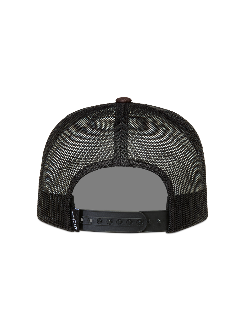 Alpinestars Hotlink Boné trucker, vista traseira em rede preta e castanha com fecho snapback ajustável.