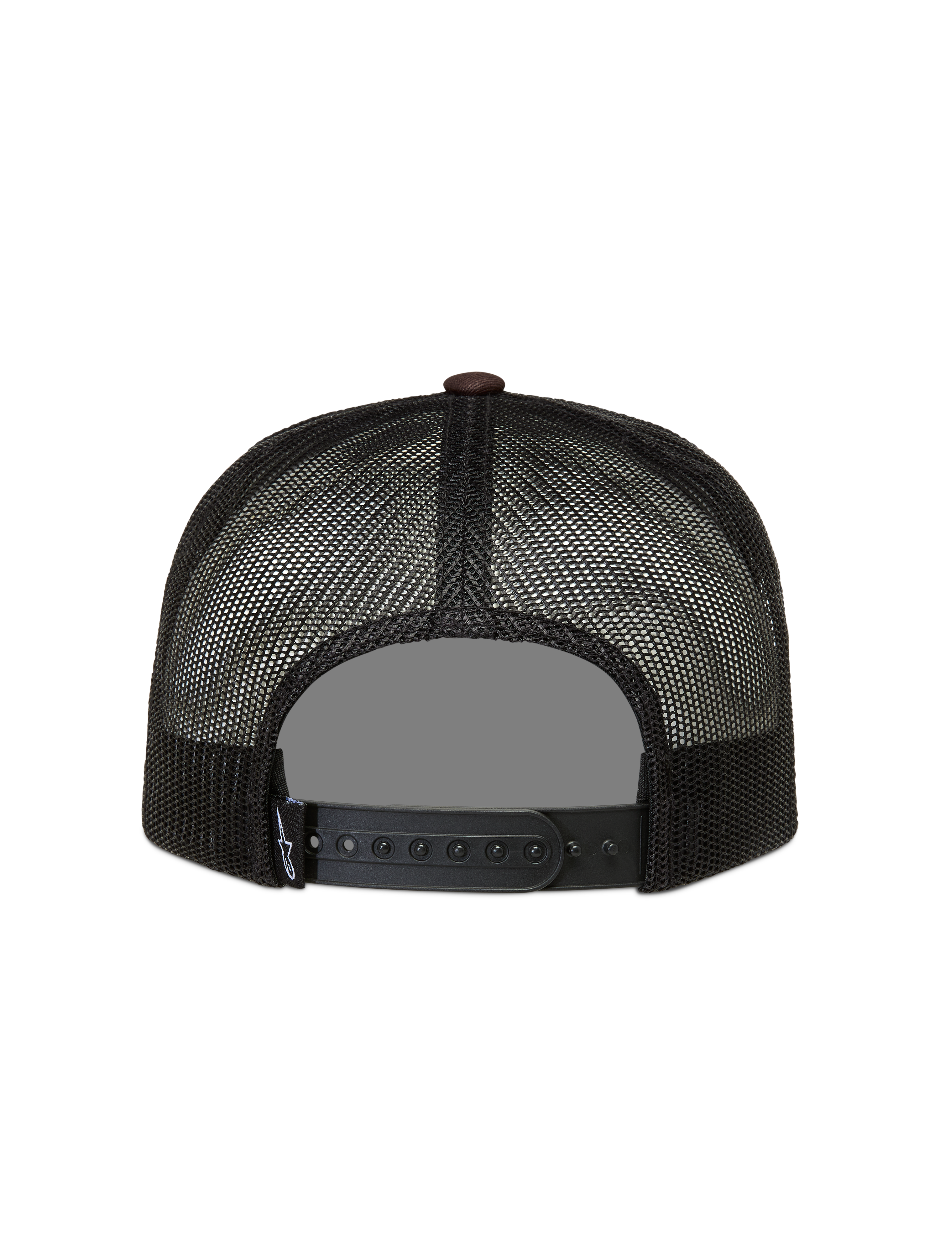 Alpinestars Hotlink Boné trucker, vista traseira em rede preta e castanha com fecho snapback ajustável.