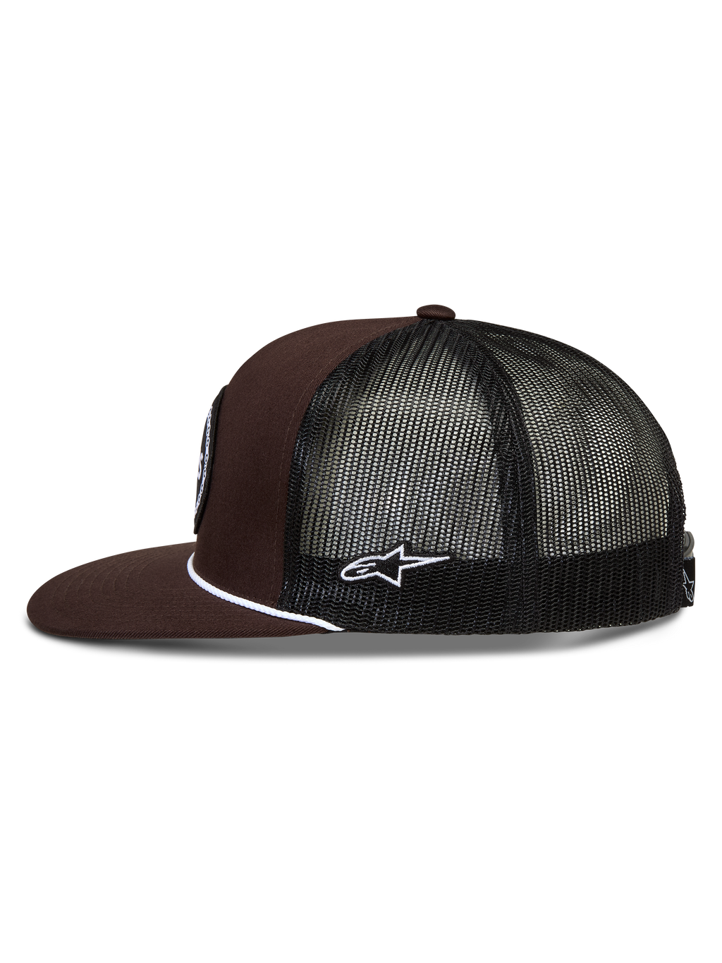 Alpinestars Hotlink Boné Trucker, boné de sportswear castanho e preto com rede traseira, aba plana e detalhe de corda branca.