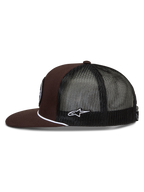 Alpinestars Hotlink Boné Trucker, boné de sportswear castanho e preto com rede traseira, aba plana e detalhe de corda branca.