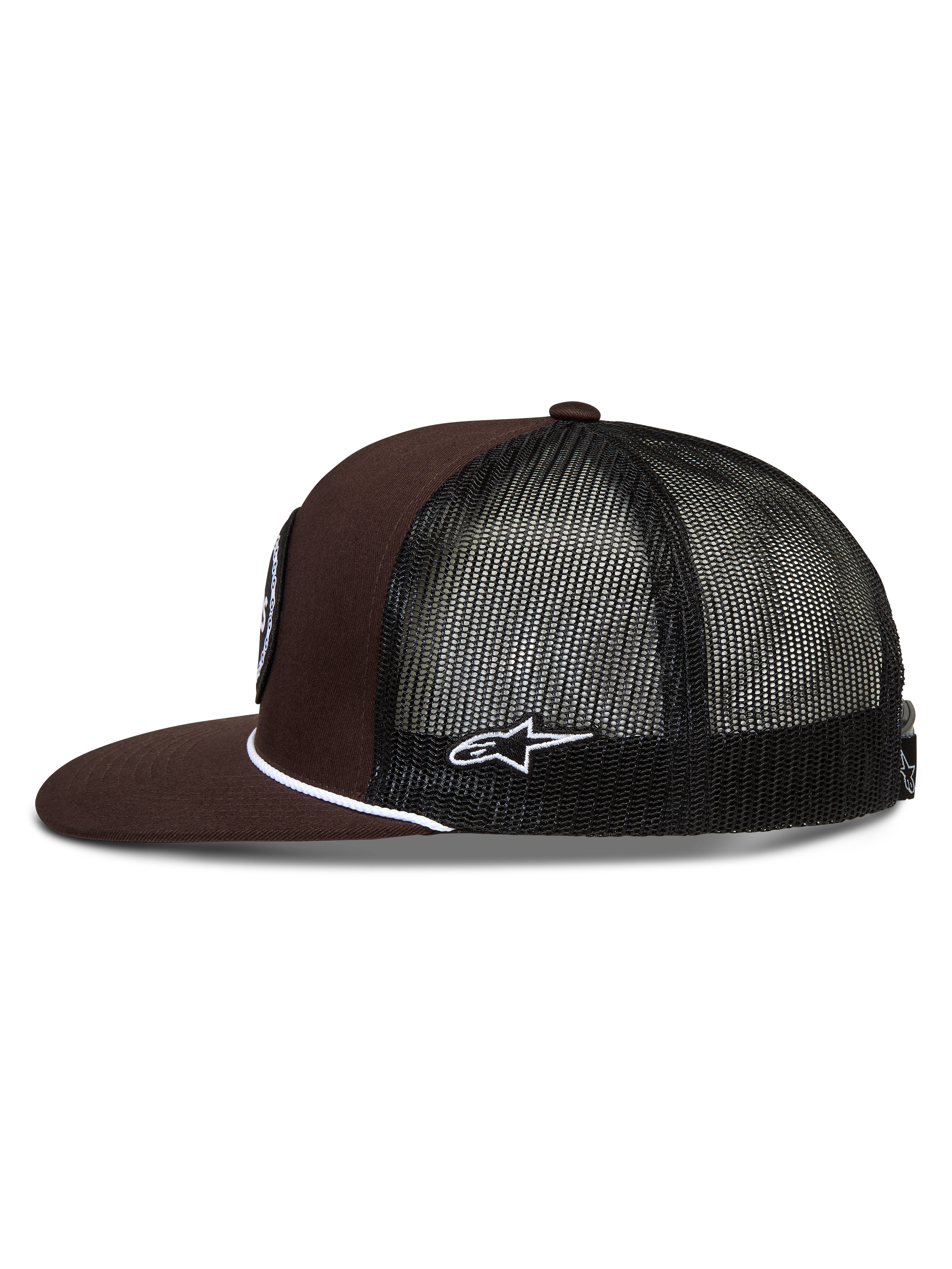 Alpinestars Hotlink Boné Trucker, boné de sportswear castanho e preto com rede traseira, aba plana e detalhe de corda branca.