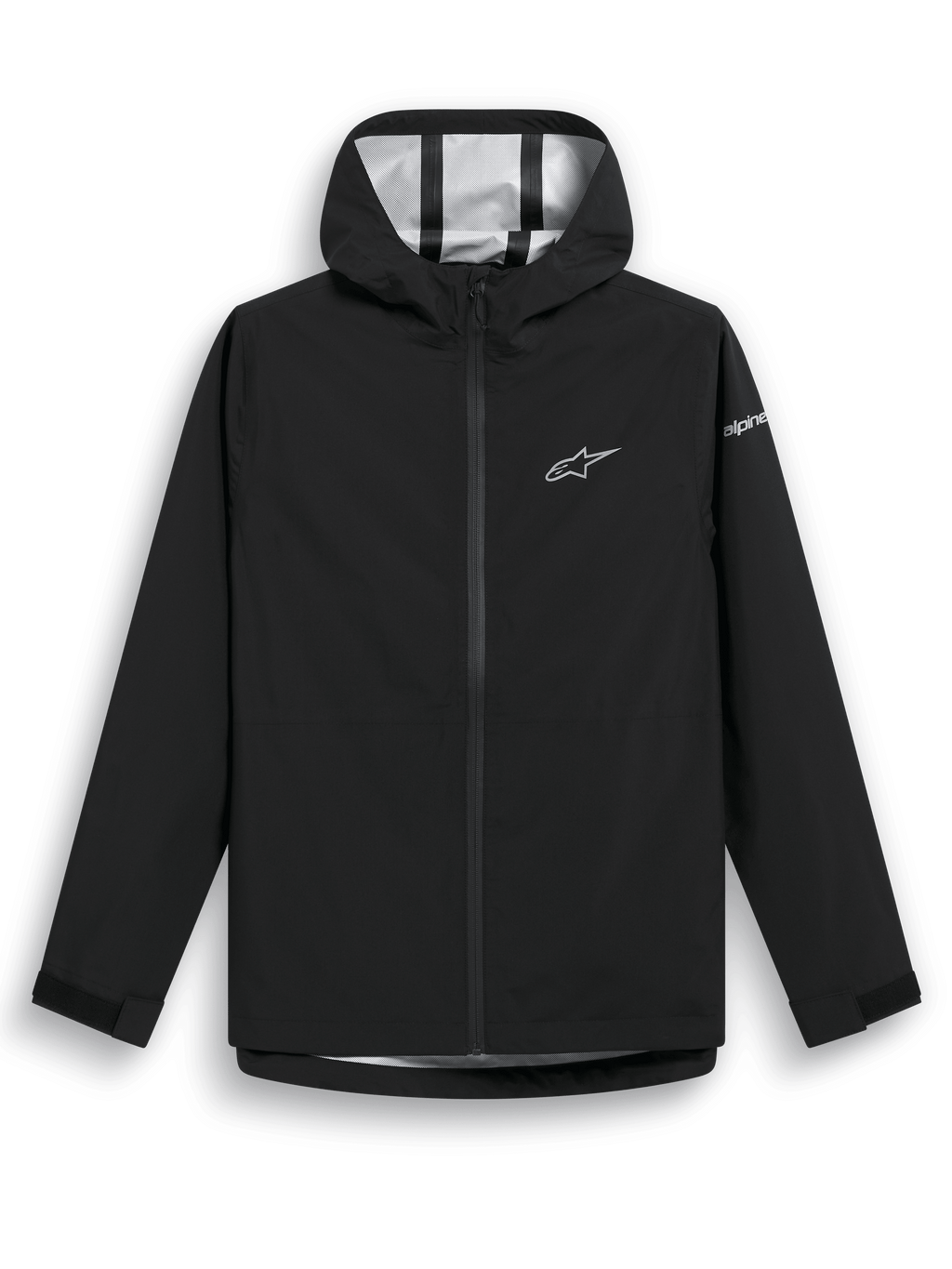 Casaco Impermeável Alpinestars Kascade, casaco impermeável preto, tecido resistente à água 2.5L com costuras seladas, capuz fixo, fecho frontal com zíper invertido revestido, abas de Velcro nos punhos, logótipo de estrela da Alpinestars branco no peito e marca na manga, vestuário casual para tempo chuvoso