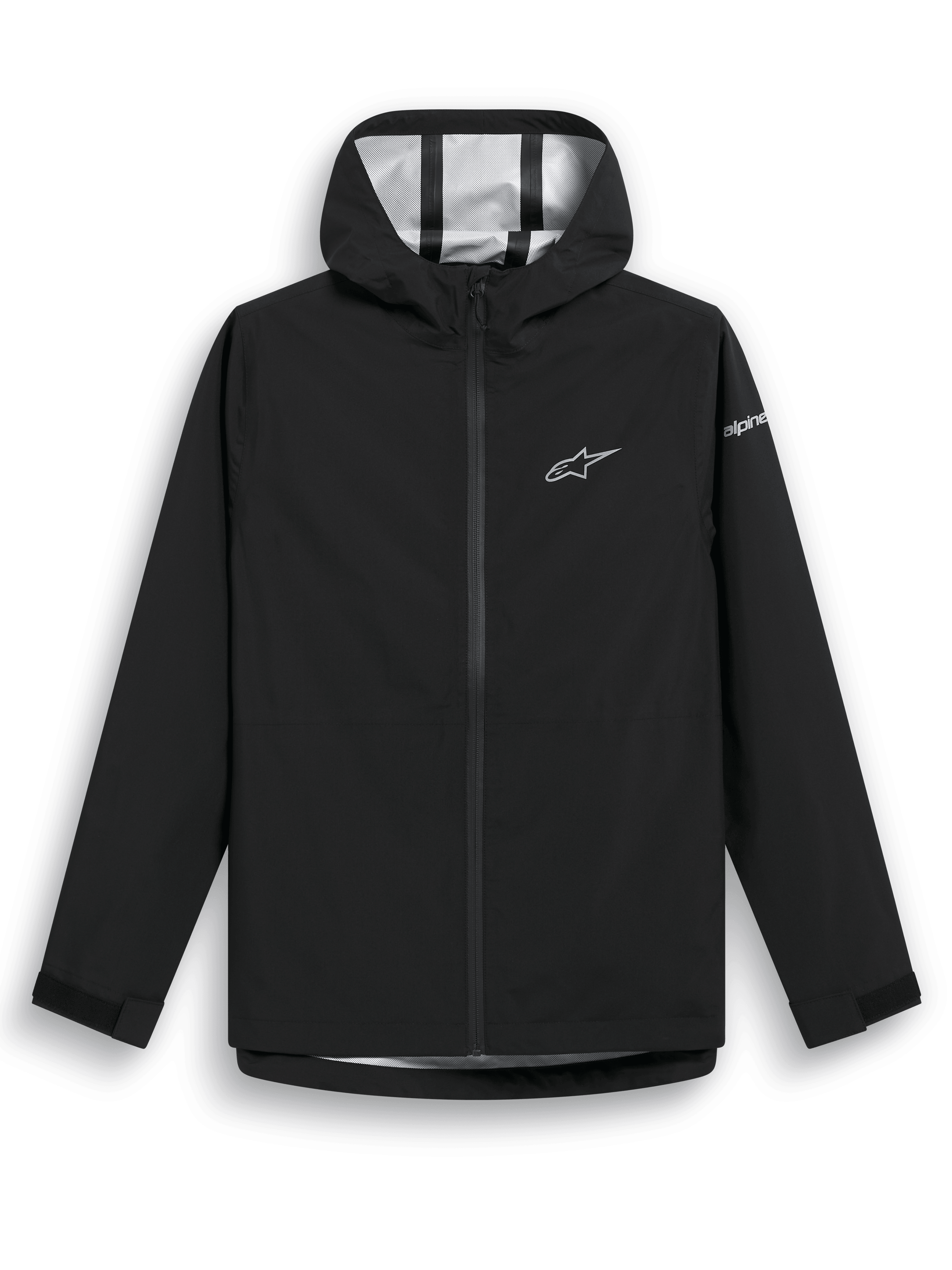 Casaco Impermeável Alpinestars Kascade, casaco impermeável preto, tecido resistente à água 2.5L com costuras seladas, capuz fixo, fecho frontal com zíper invertido revestido, abas de Velcro nos punhos, logótipo de estrela da Alpinestars branco no peito e marca na manga, vestuário casual para tempo chuvoso