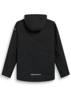 Casaco Impermeável Alpinestars Kascade, vista traseira, exterior preto resistente à água, capuz fixo, logótipo Alpinestars prateado na parte inferior das costas, mangas compridas, design de alta performance inspirado no desporto motorizado