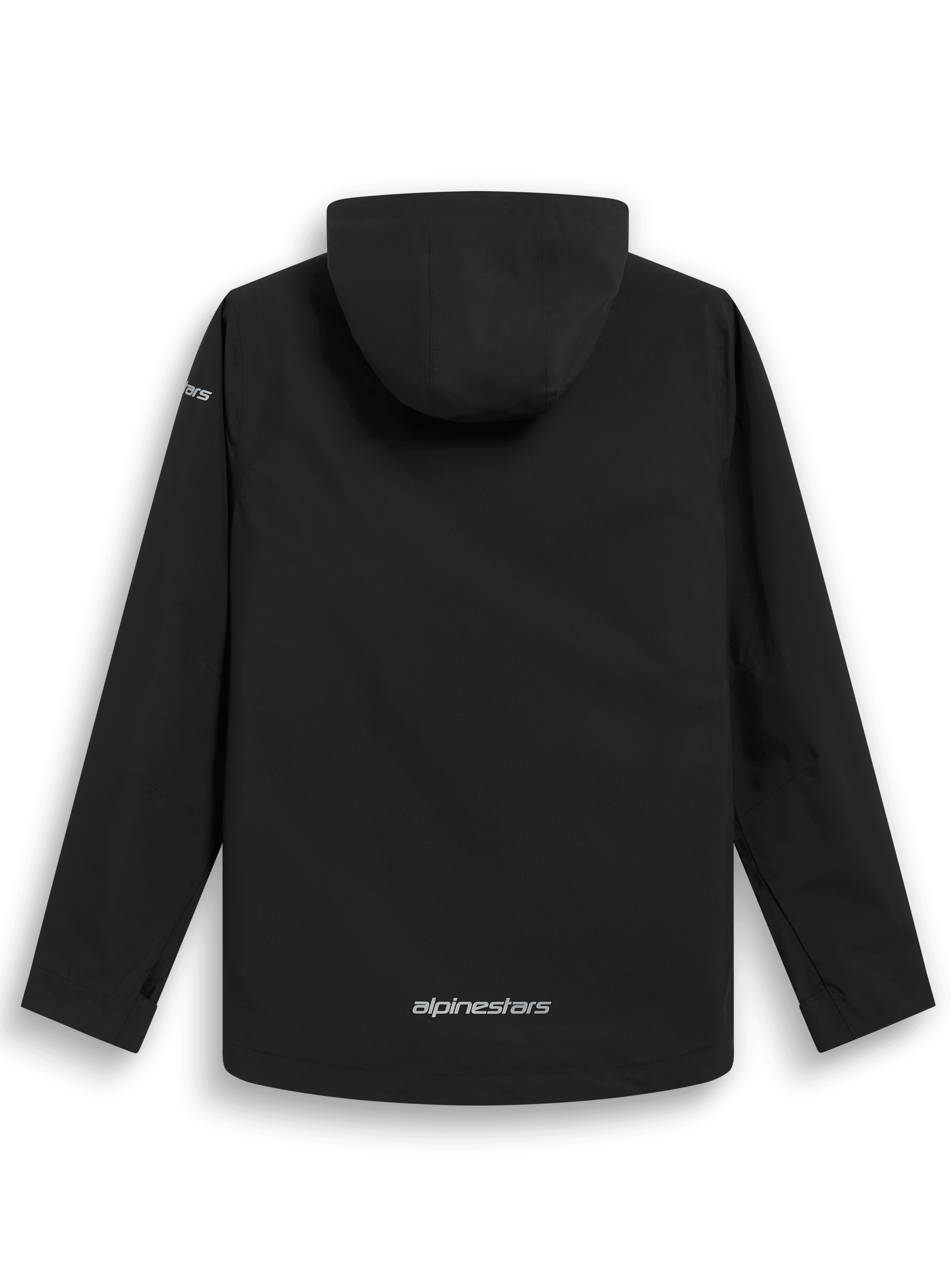 Casaco Impermeável Alpinestars Kascade, vista traseira, exterior preto resistente à água, capuz fixo, logótipo Alpinestars prateado na parte inferior das costas, mangas compridas, design de alta performance inspirado no desporto motorizado