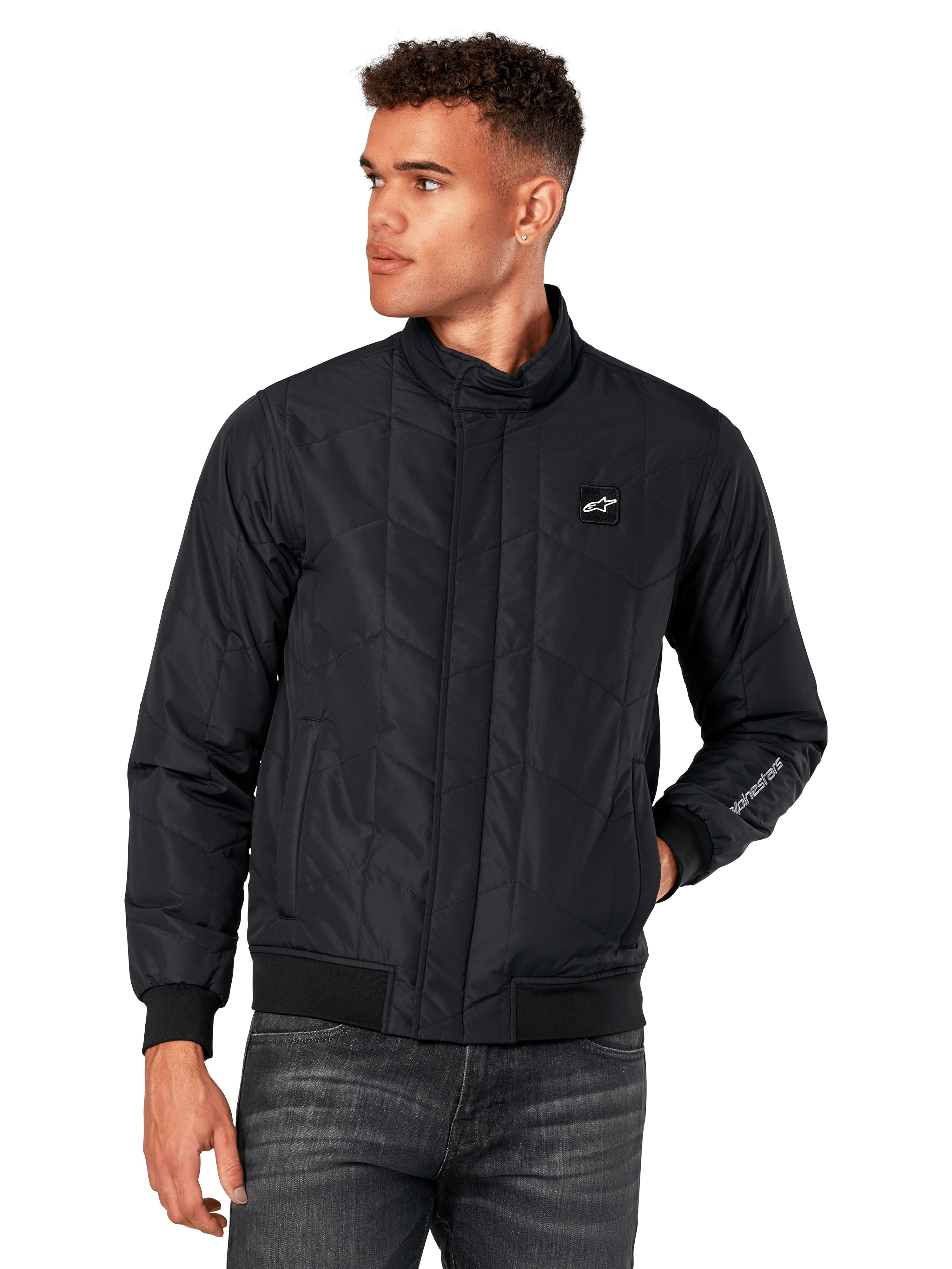 Alpinestars Precedent Jacket, Black Quilted Jacket with angled pattern, Formula 1 styling, low track collar, ribbed cuffs and hem, chest logo patch, sleeve embroidery, motorsport-inspired lifestyle streetwear