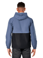 Alpinestars Speeder Windbreaker Jacket, back view of man wearing two-tone slate blue and black jacket, blocked body design, hooded, lightweight casual sportswear with elastic cuffs