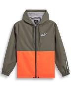 Alpinestars Speeder Windbreaker Jacket, casual sportswear, olive green and vibrant orange color block design, white Astars logo on chest and sleeve, hooded with mesh lining, adjustable drawcords, elastic cuffs