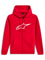 Alpinestars Ageless Zip V3 Hoodie, casaco com capuz vermelho e branco com fecho frontal e logótipo no peito.