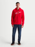 Alpinestars Ageless Zip V3, camisola com capuz em fleece com fecho frontal para homem, vermelho e branco, logótipo branco de destaque no peito, fecho em espiral oculto e punhos canelados, vista frontal num modelo.