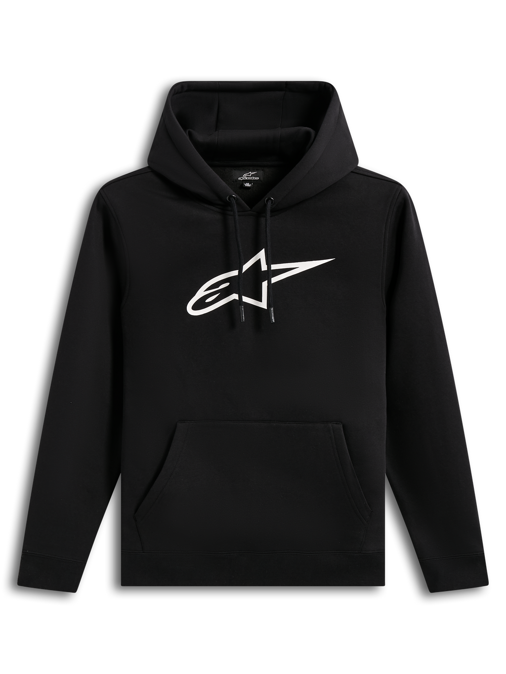 Alpinestars Ageless V3 Hoodie, camisola com capuz preta, logótipo branco bordado e bolso canguru, estilo sportswear.