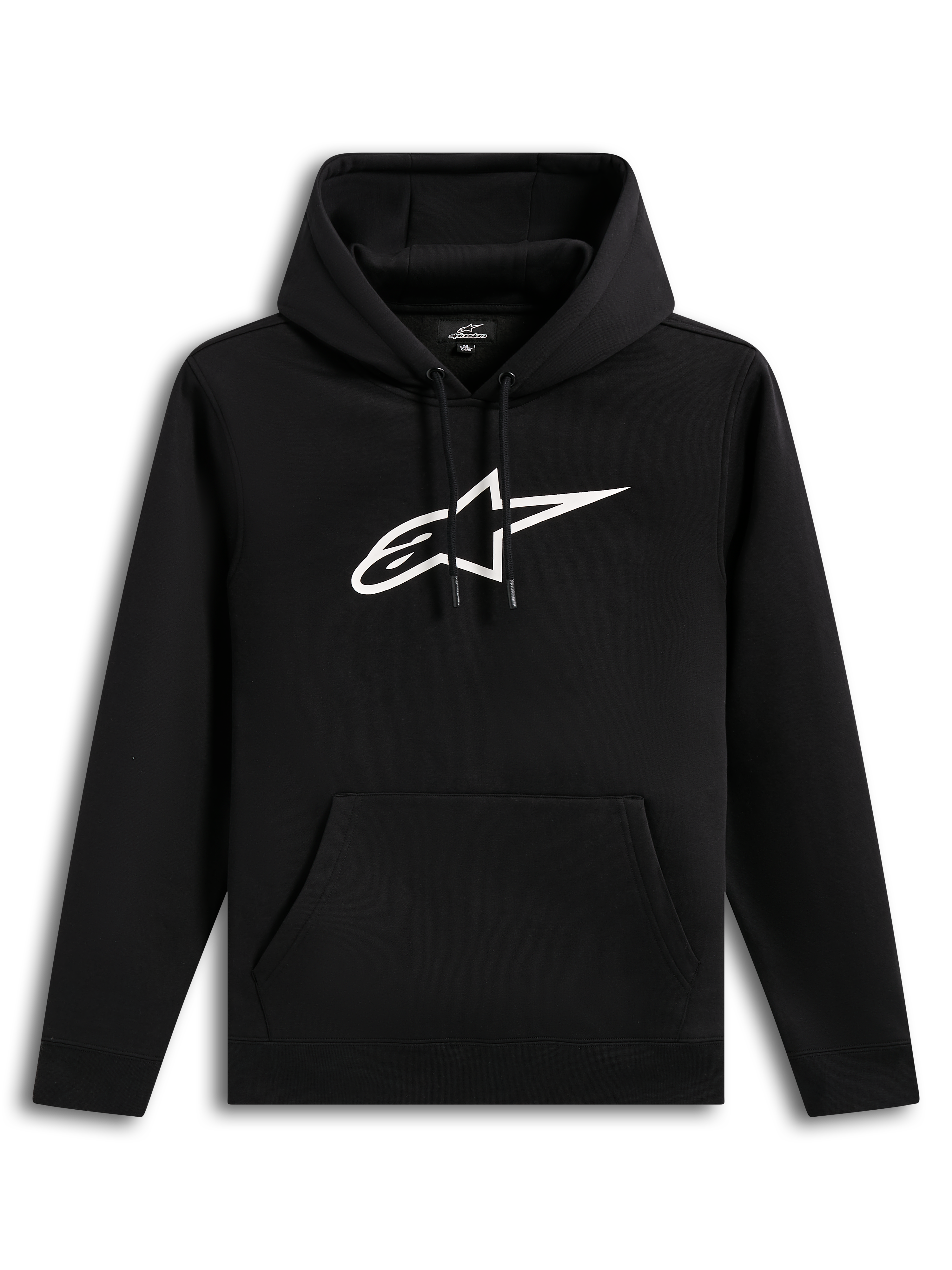Alpinestars Ageless V3 Hoodie, camisola com capuz preta, logótipo branco bordado e bolso canguru, estilo sportswear.