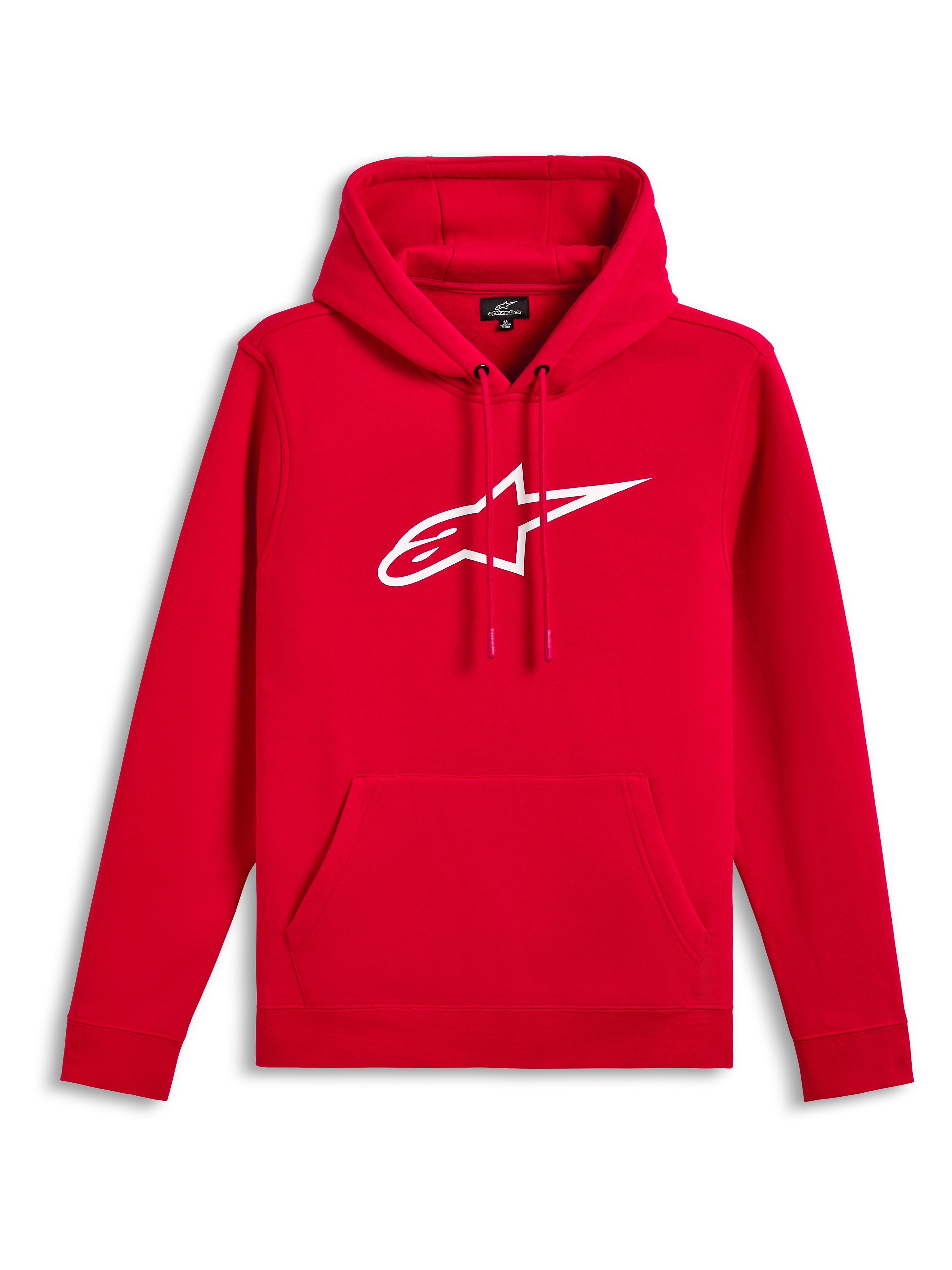 Alpinestars Ageless V3 Hoodie, vermelho com logótipo bordado branco, camisola de lã com capuz, capuz com cordão, bolso canguru, streetwear casual inspirado no desporto motorizado