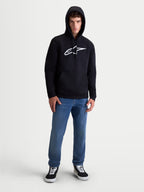 Alpinestars camisola com capuz Ageless V3, pullover de sportswear para homem, preta e branca, com logótipo bordado na frente, capuz com cordão e punhos canelados, fleece premium para estilo casual e motorsport.