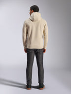 Alpinestars Ageless V3 Hoodie, back view, off-white hooded sweatshirt, casual lifestyle wear, worn with dark grey jeans, ribbed hem and cuffs, clean minimalist design