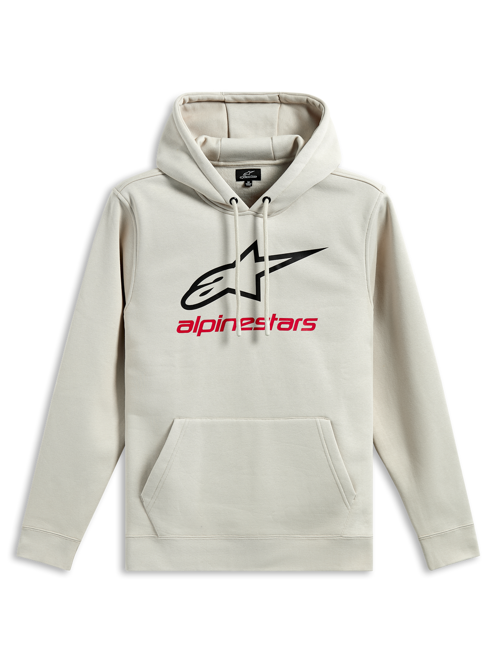 Alpinestars Always V3 Hoodie, hooded pull over fleece, Off White, black star logo and red Alpinestars text on chest, kangaroo pocket, drawstring hood, casual motorsport-inspired sportswear