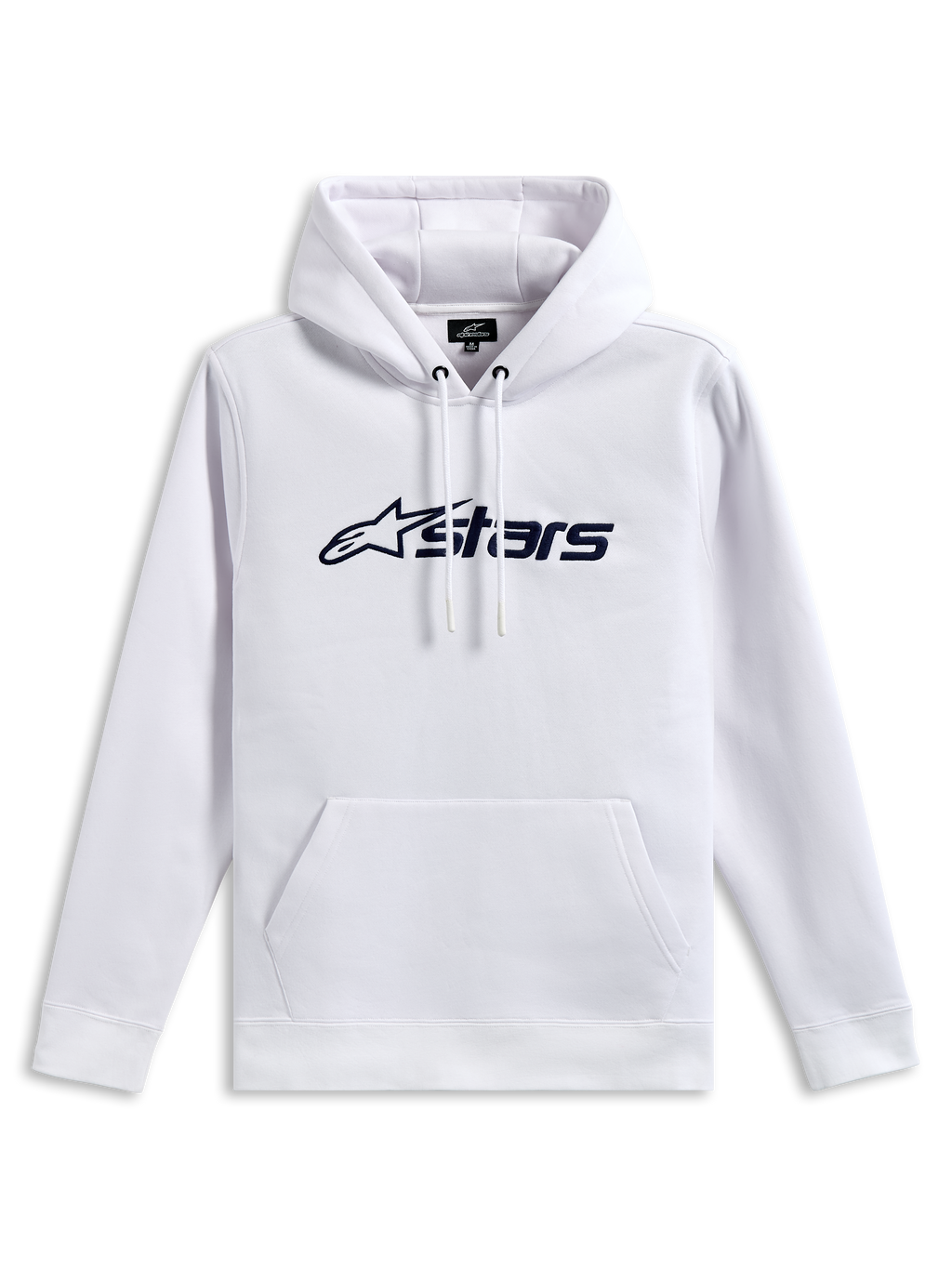 Alpinestars Blaze V3 Hoodie, camisola com capuz em fleece, branca com impressão frontal do logótipo em azul-marinho, capuz com forro em jersey e cordões, bolso canguru, streetwear casual inspirado no desporto motorizado