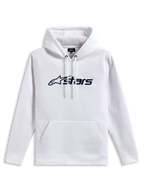 Alpinestars Blaze V3 Hoodie, camisola com capuz em fleece, branca com impressão frontal do logótipo em azul-marinho, capuz com forro em jersey e cordões, bolso canguru, streetwear casual inspirado no desporto motorizado