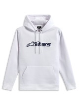 Alpinestars Blaze V3 Hoodie, camisola com capuz em fleece, branca com impressão frontal do logótipo em azul-marinho, capuz com forro em jersey e cordões, bolso canguru, streetwear casual inspirado no desporto motorizado